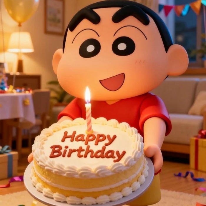 Hình avatar sinh nhật Cu Shin bên chiếc bánh kem lớn