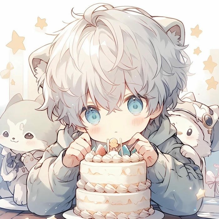 Hình avatar sinh nhật bé trai tai thú ôm bánh kem