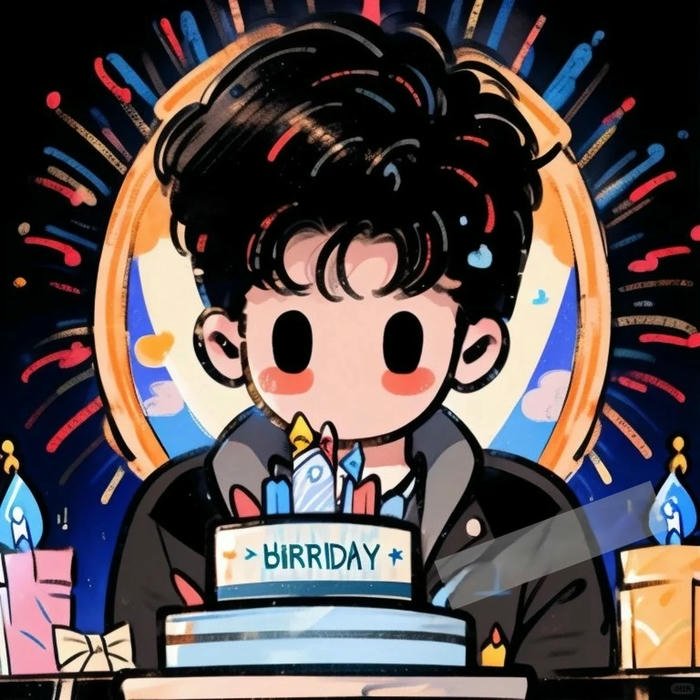 Hình chibi sinh nhật bé trai cầm bánh kem cười tươi