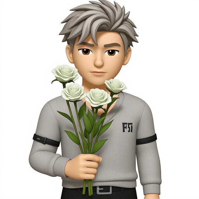 Hình emoji avatar nam tóc xám cầm bó hoa hồng trắng