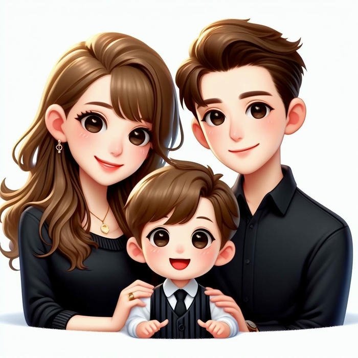 Hình gia đình chibi cute bố mặc áo đen lịch lãm