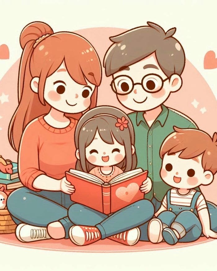 Hình gia đình chibi cute ngồi đọc sách màu cam ấm