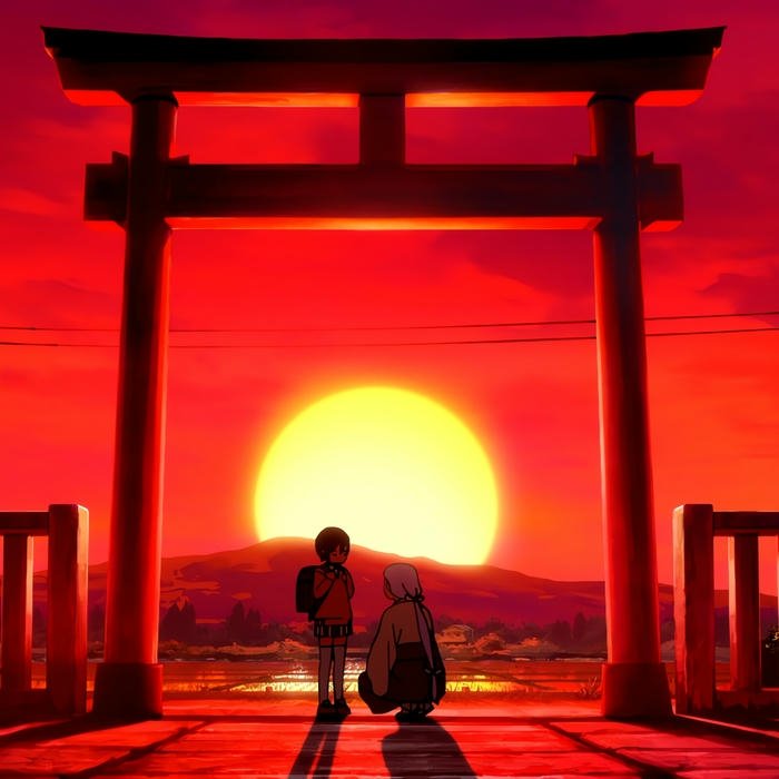 Hình nền Dandadan cổng Torii đỏ rực dưới ánh hoàng hôn