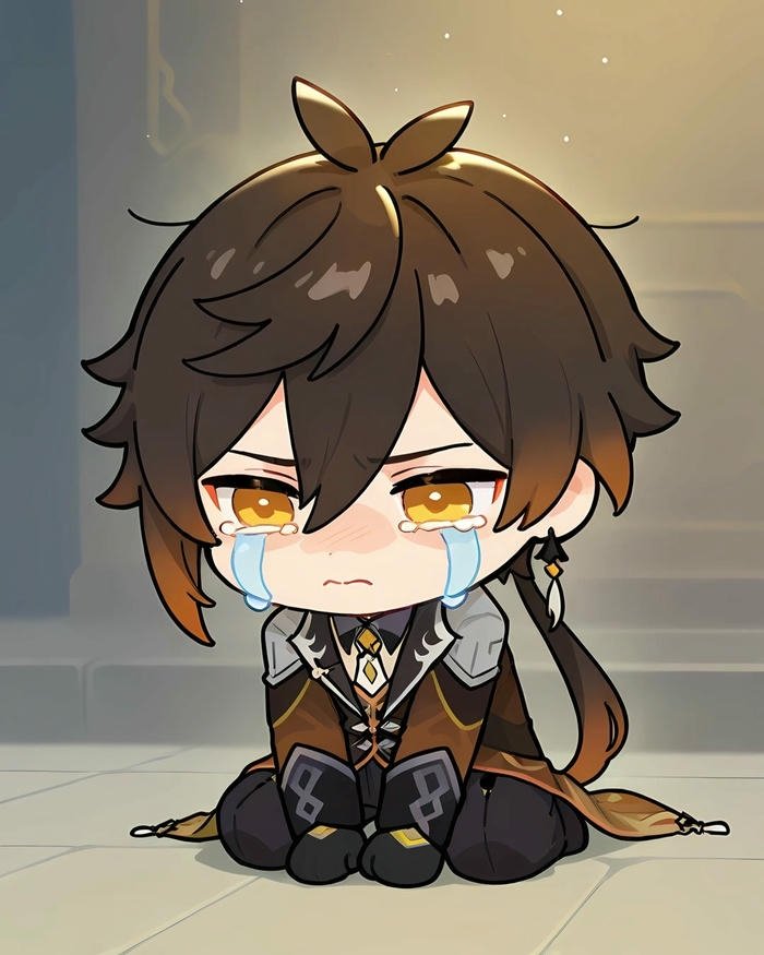 Hình nền chibi buồn bé trai tóc nâu ngồi suy tư