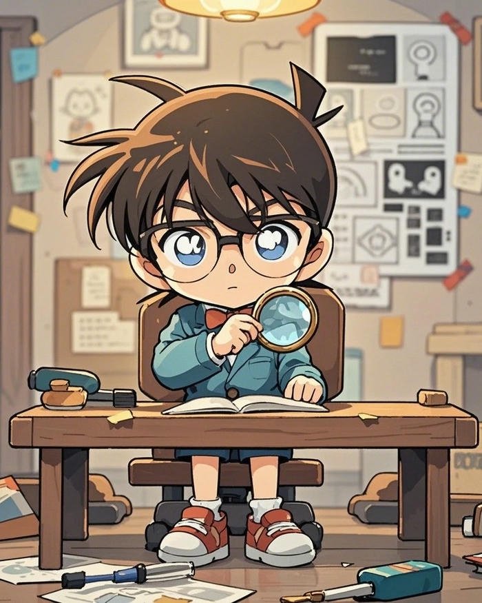Hình nền conan chibi ngồi học bài bên bàn gỗ