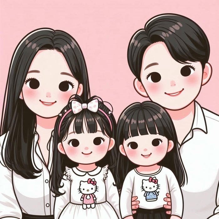 Hình nền gia đình chibi bốn người mặc sơ mi trắng