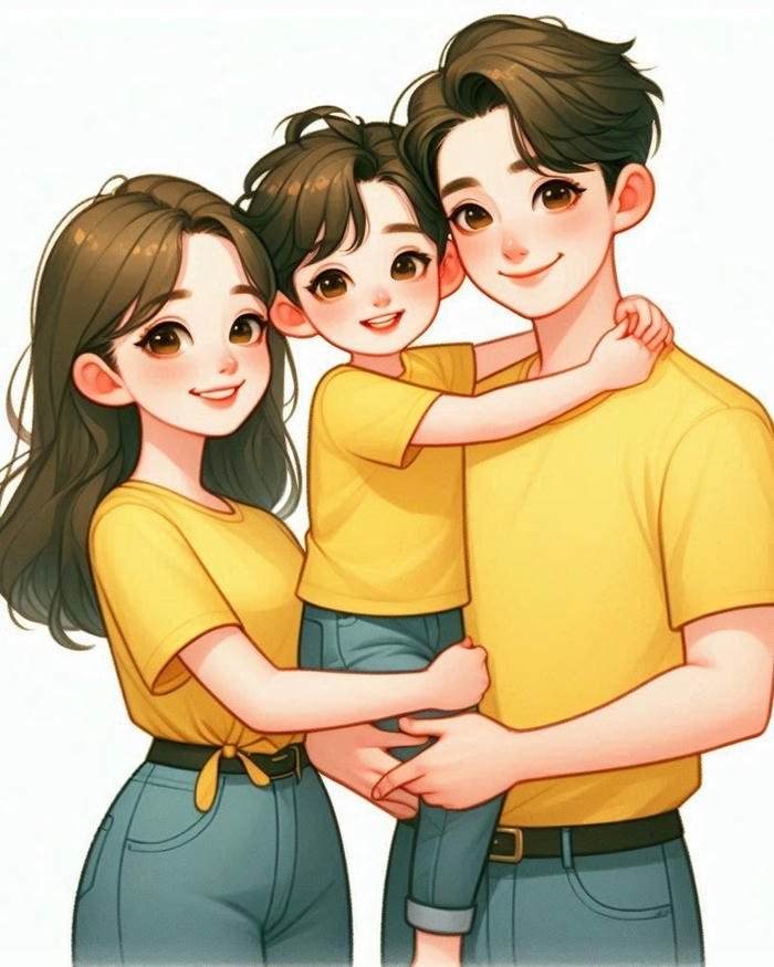 Hình nền gia đình chibi mặc áo vàng quần jean xanh