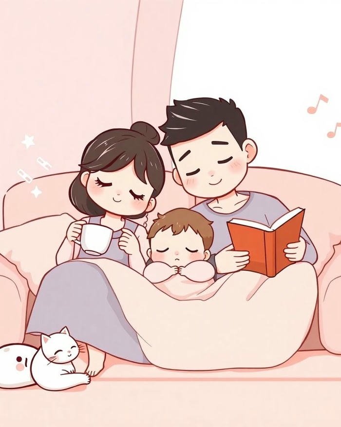 Hình nền gia đình chibi ngồi ghế sofa đọc truyện tranh