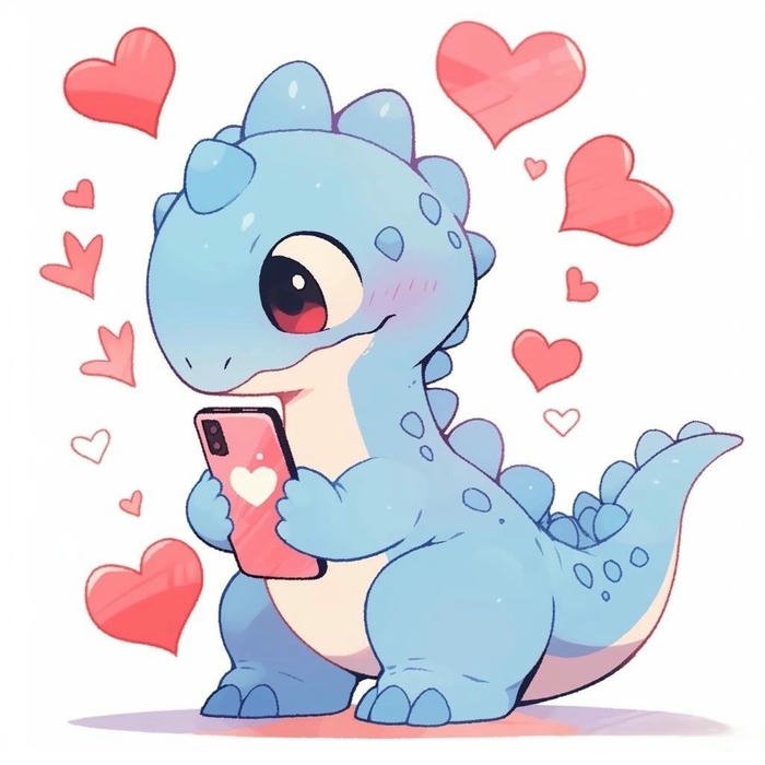 Hình nền khủng long dễ thương màu xanh có nhiều trái tim hồng