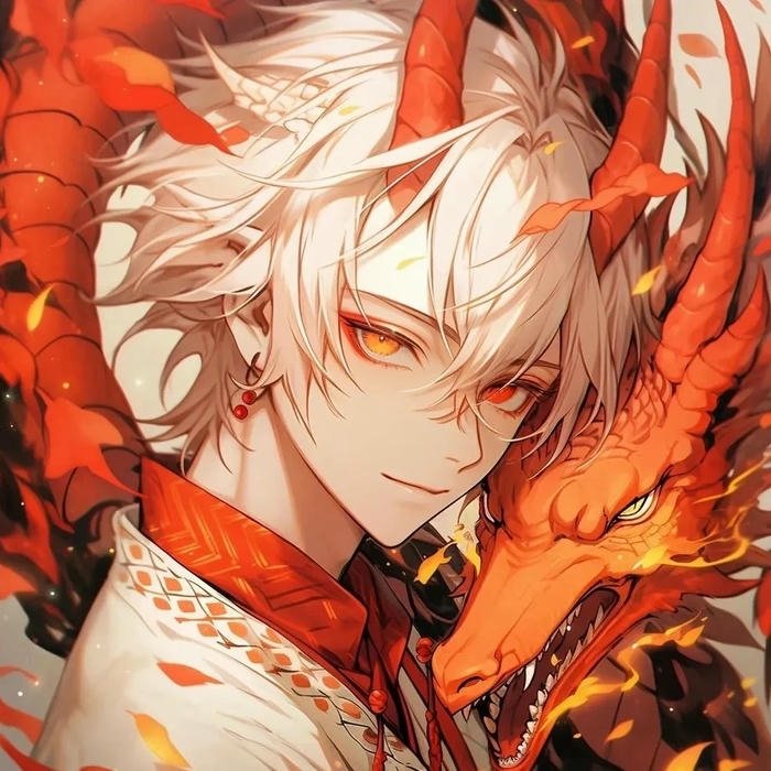 Hình nền rồng đỏ rực lửa bên chàng trai tóc trắng