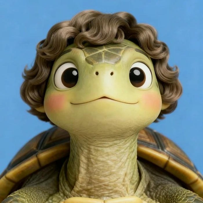 Hình rùa tóc xoăn nâu cười thân thiện dễ thương