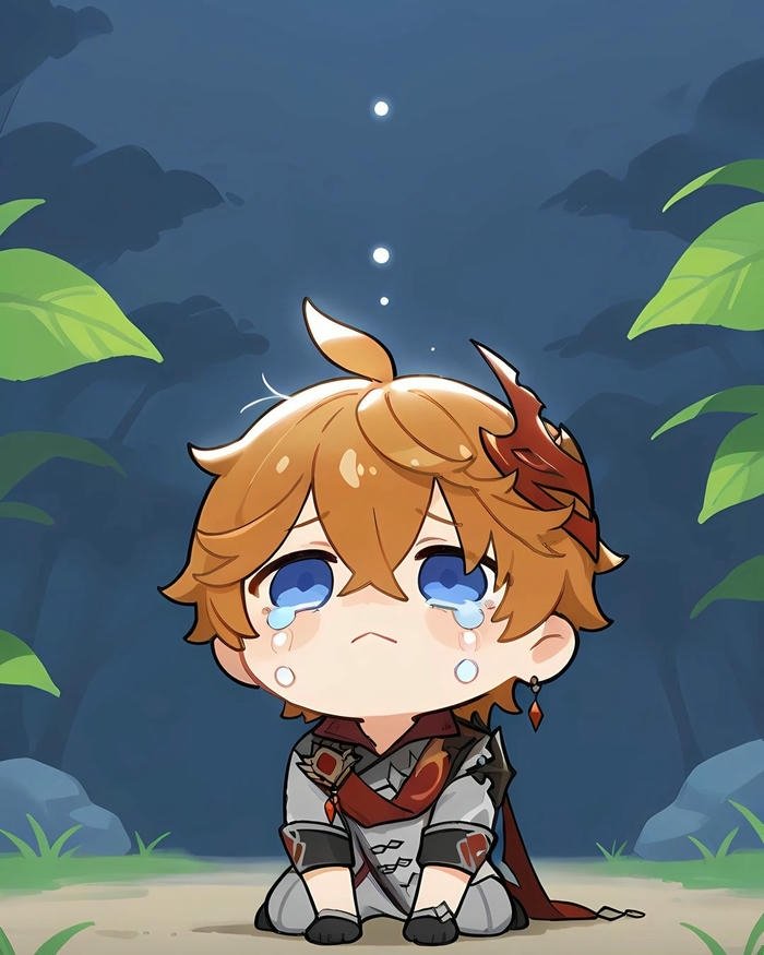 Hình vẽ chibi buồn bé trai tóc cam mắt rủ xuống