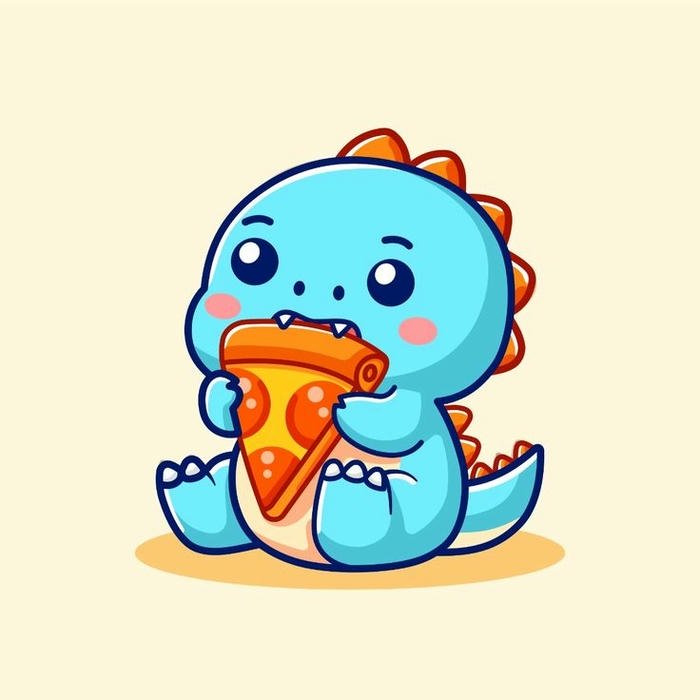 Khủng long ăn pizza cầm miếng bánh ăn rất ngon lành nhé