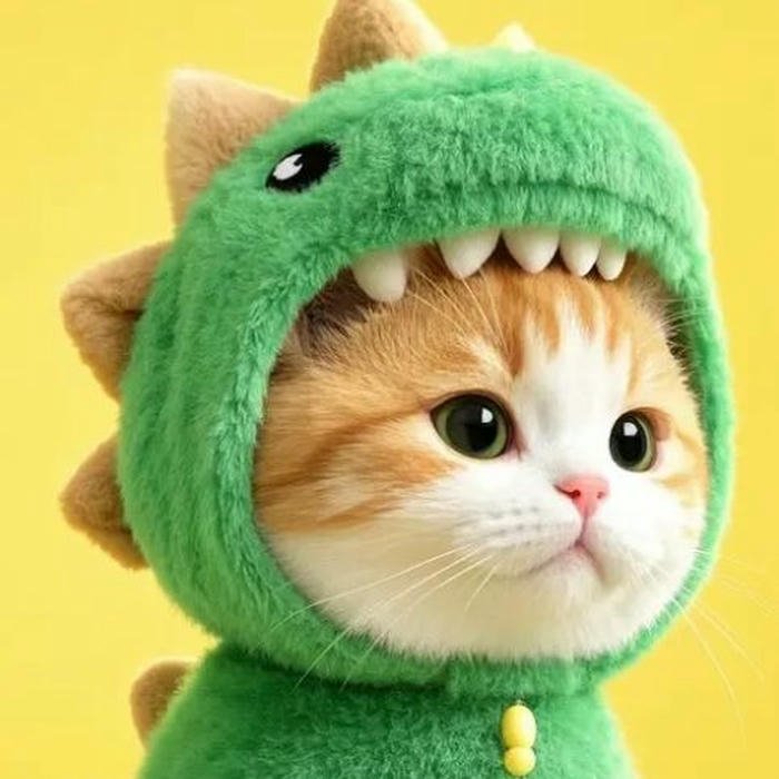 Mèo con đội mũ khủng long xanh trông vô cùng tinh nghịch