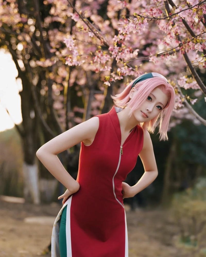 Sakura Haruno Cosplay đứng giữa rừng cây xanh mát