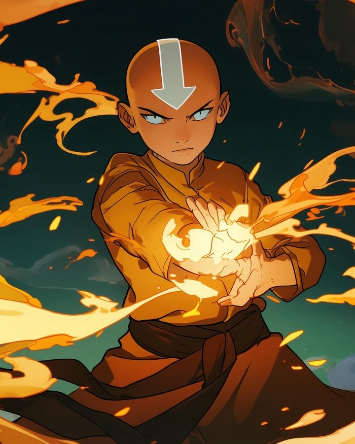 Tranh vẽ aang avatar điều khiển lửa thiêng rực rỡ sắc vàng