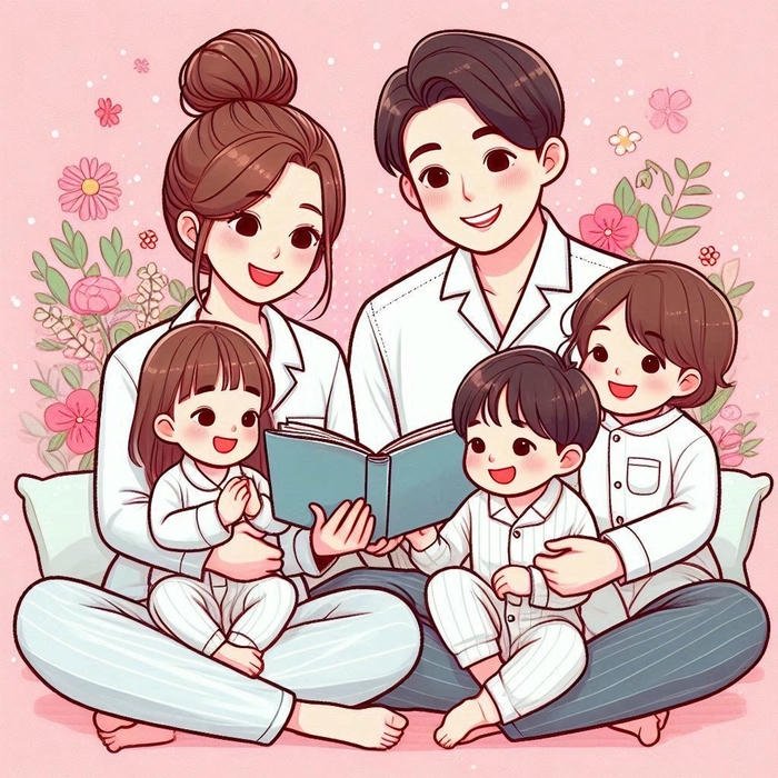Tranh vẽ gia đình chibi đọc sách dưới hoa anh đào
