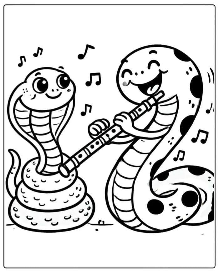 tranh tô màu con rắn thổi sáo vui vẻ