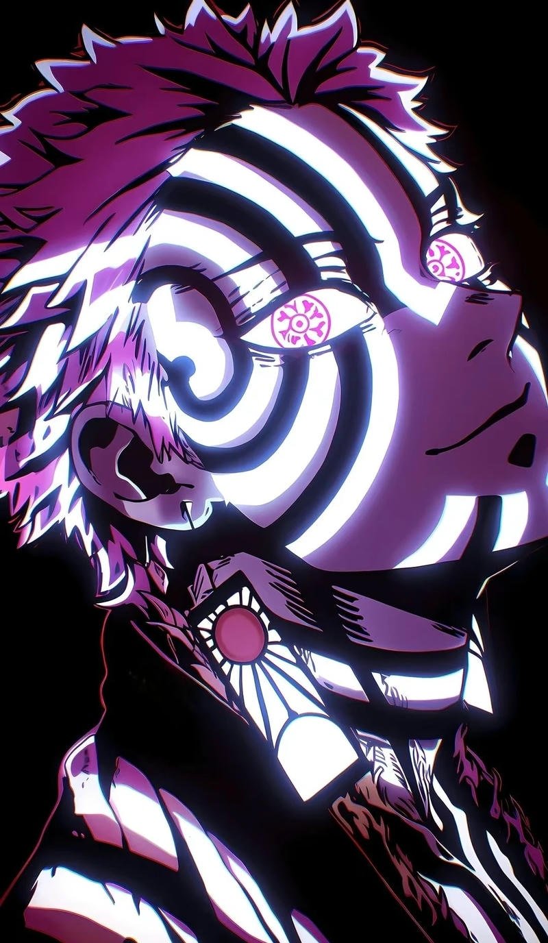 Akaza trong khung cảnh tối với phong cách huyền bí