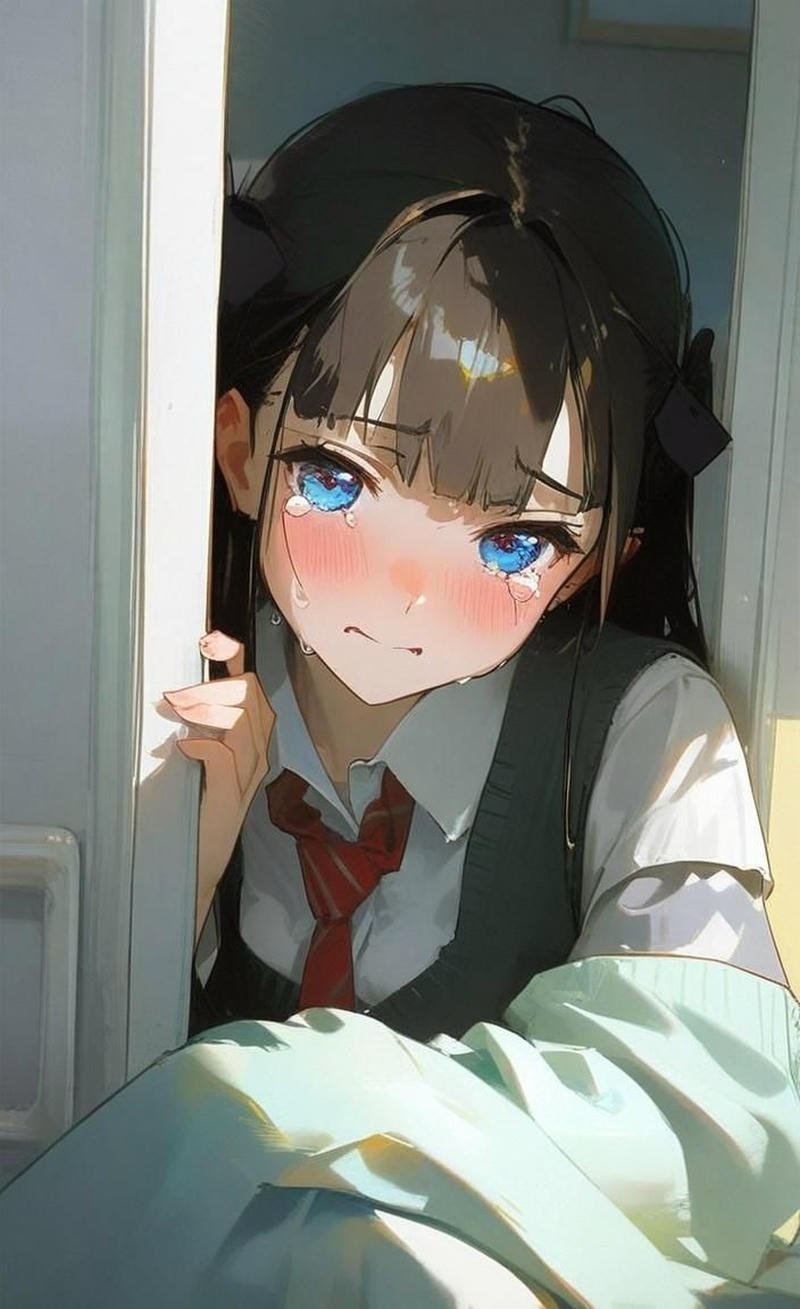 Ảnh anime khóc với giọt nước mắt rơi nhẹ trên má