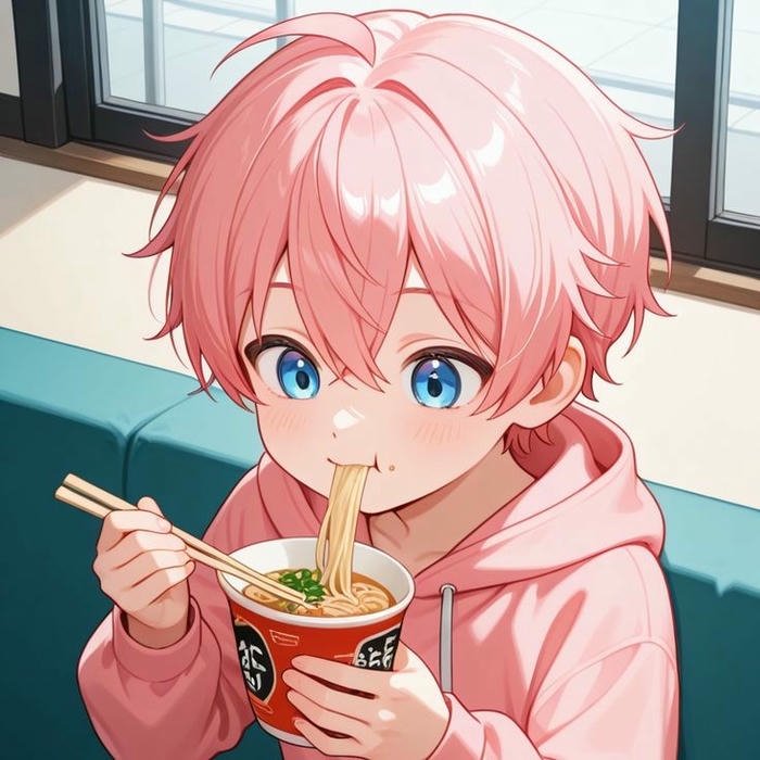 Avatar hiha đang ăn mì ly với biểu cảm ngon miệng