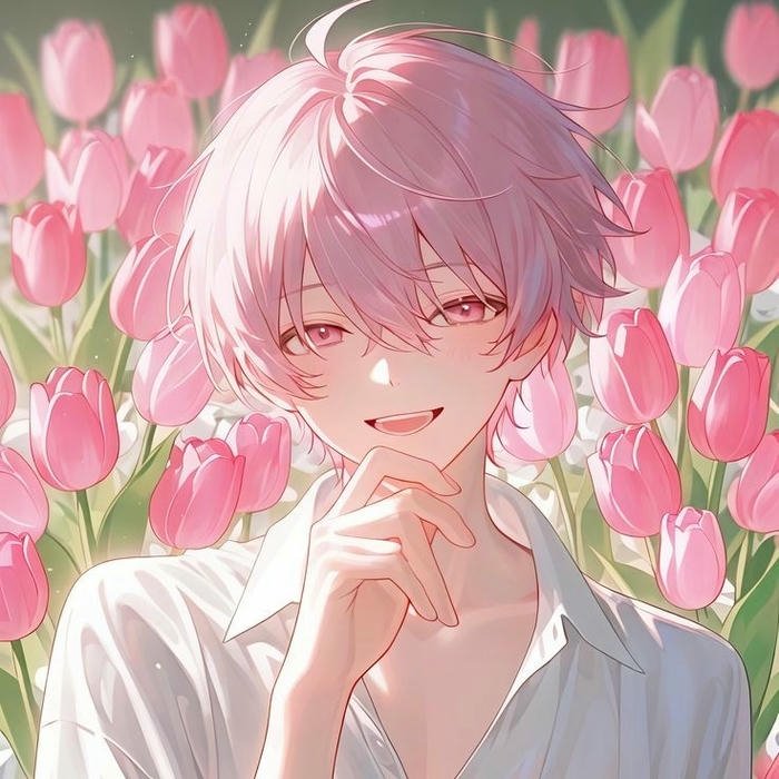 Avatar hiha tạo dáng bên những bông hoa tulip hồng thắm