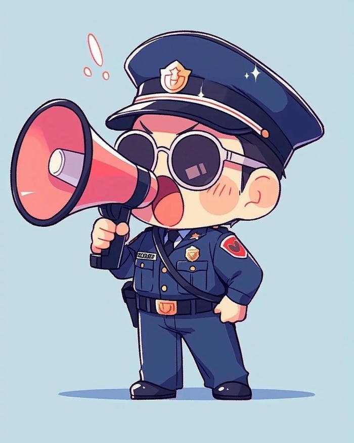 Chibi công an dễ thương cầm loa phát thanh thông báo