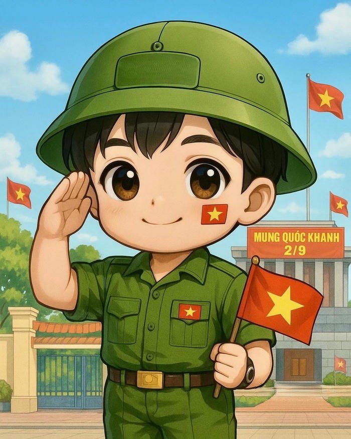 Chibi công an dễ thương chào cờ tổ quốc thiêng liêng
