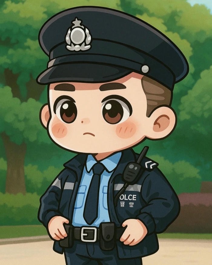 Chibi công an dễ thương tay đặt thắt lưng tự tin