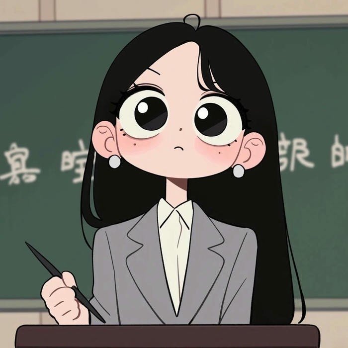 Cô giáo chibi cute tóc đen dài cầm que chỉ bảng