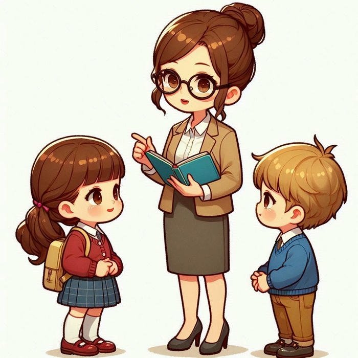 Cô giáo chibi cute xoa đầu bé trai đeo cặp