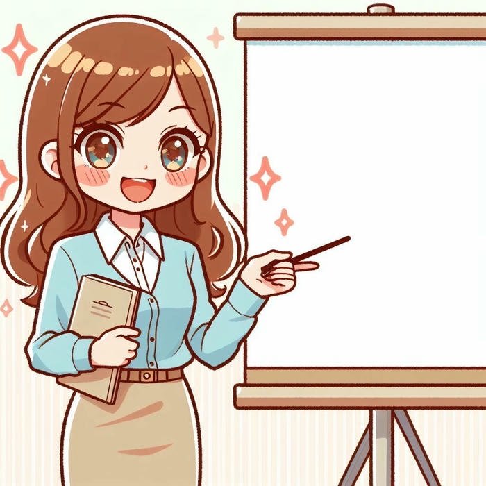 Hình ảnh cô giáo chibi chỉ bảng trắng cười tươi tắn