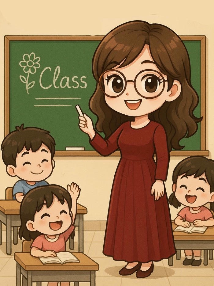 Hình ảnh cô giáo chibi đứng giữa lớp học vui vẻ