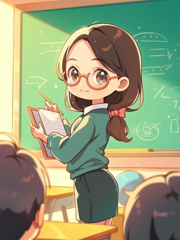 Hình ảnh cô giáo chibi đứng trên bục giảng cầm sách