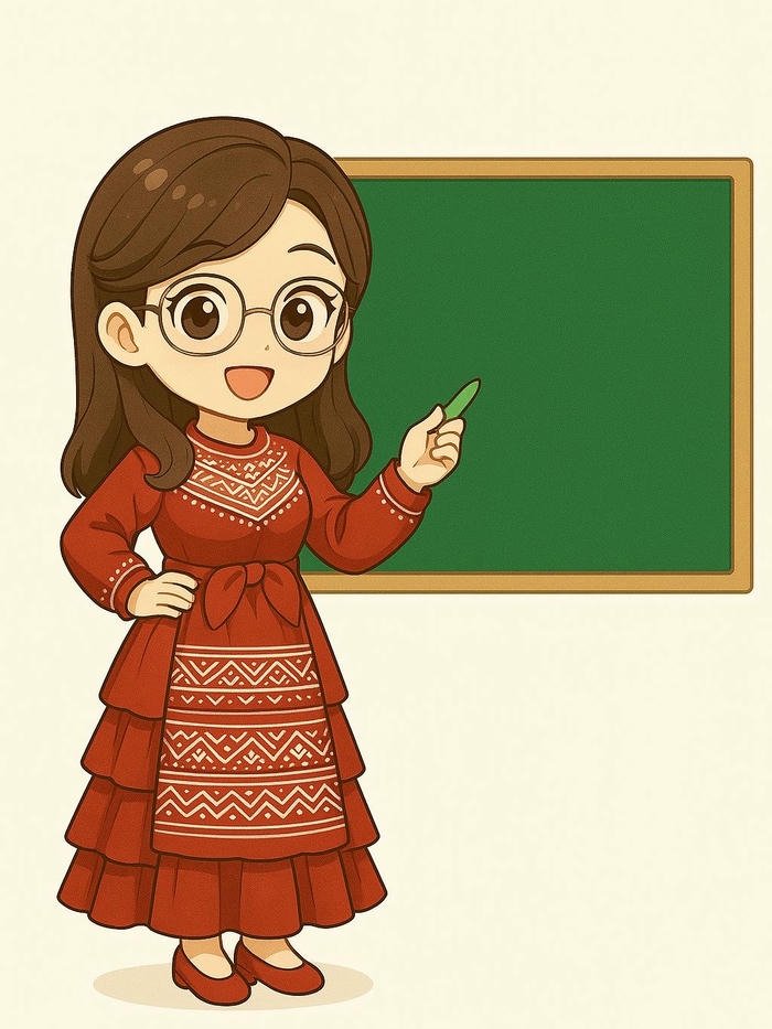 Hình ảnh cô giáo chibi mặc áo dài đỏ giảng bài