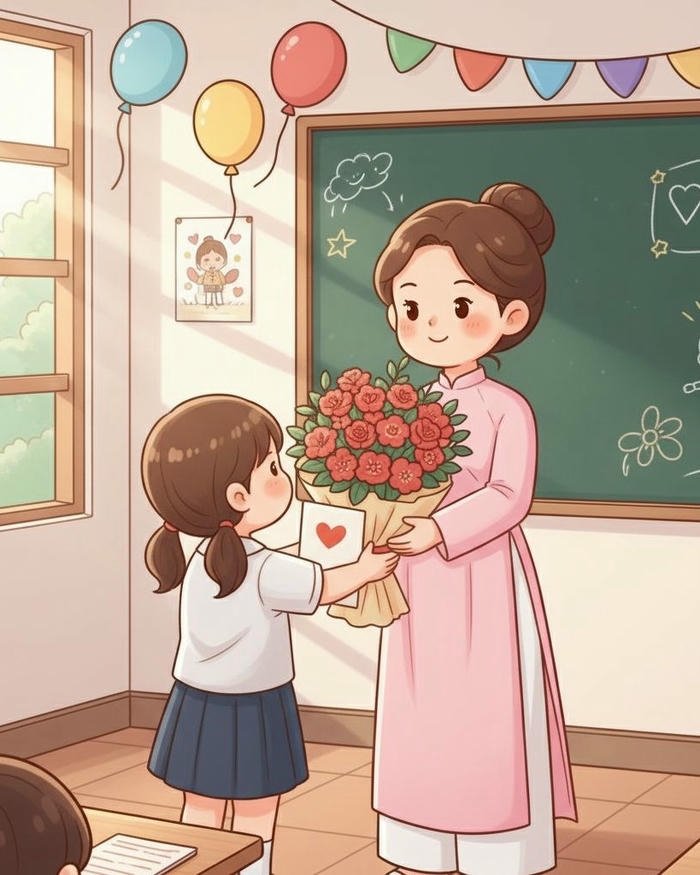 Hình ảnh cô giáo chibi nhận hoa tặng từ học trò