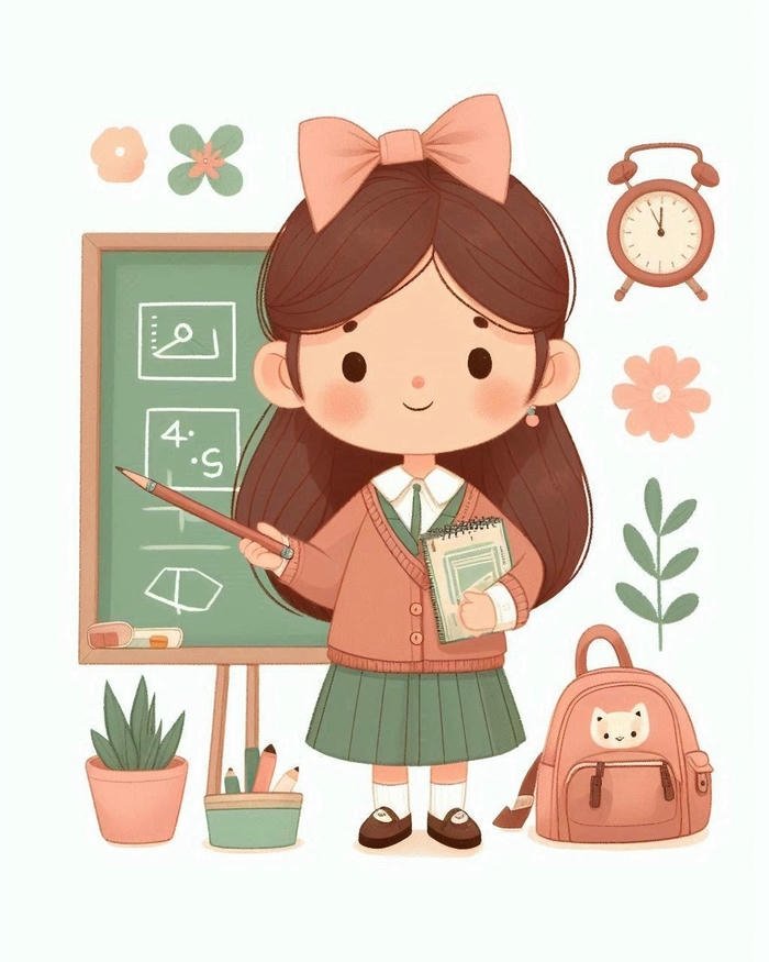 Hình ảnh cô giáo chibi tóc nâu búi cao cầm sách