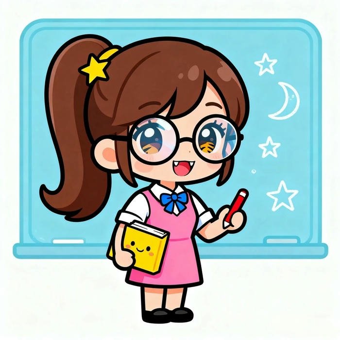 Hình ảnh cô giáo chibi tóc nâu đeo kính áo hồng