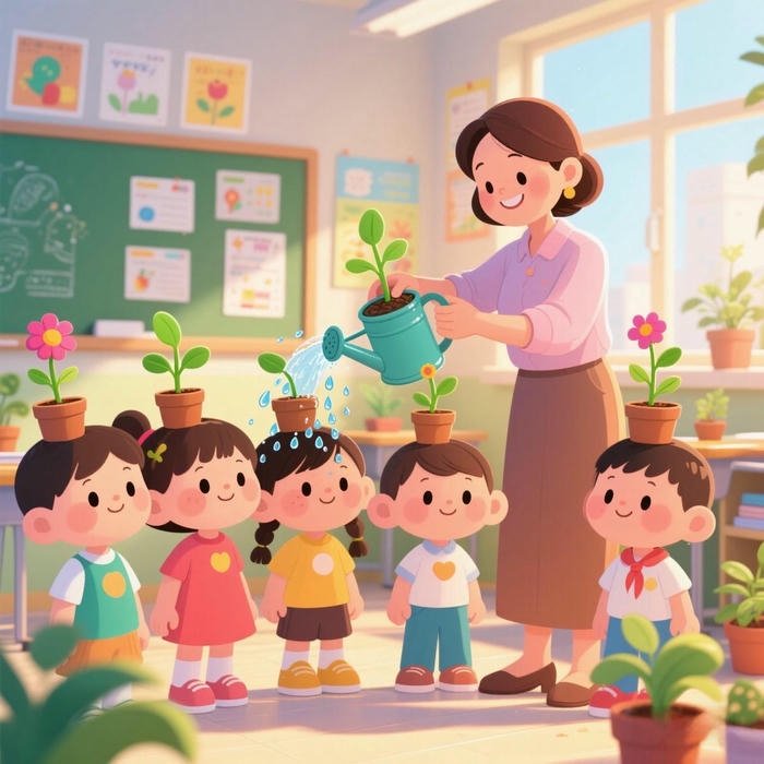 Hình ảnh cô giáo chibi tưới cây cùng các bé nhỏ
