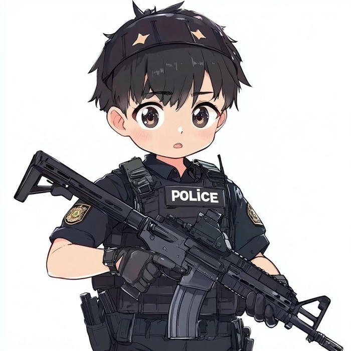 Hình ảnh công an chibi cầm súng trường trang bị kỹ