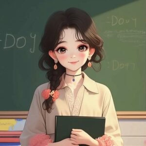 Hình nền cô giáo chibi phong cách anime tóc đen dài