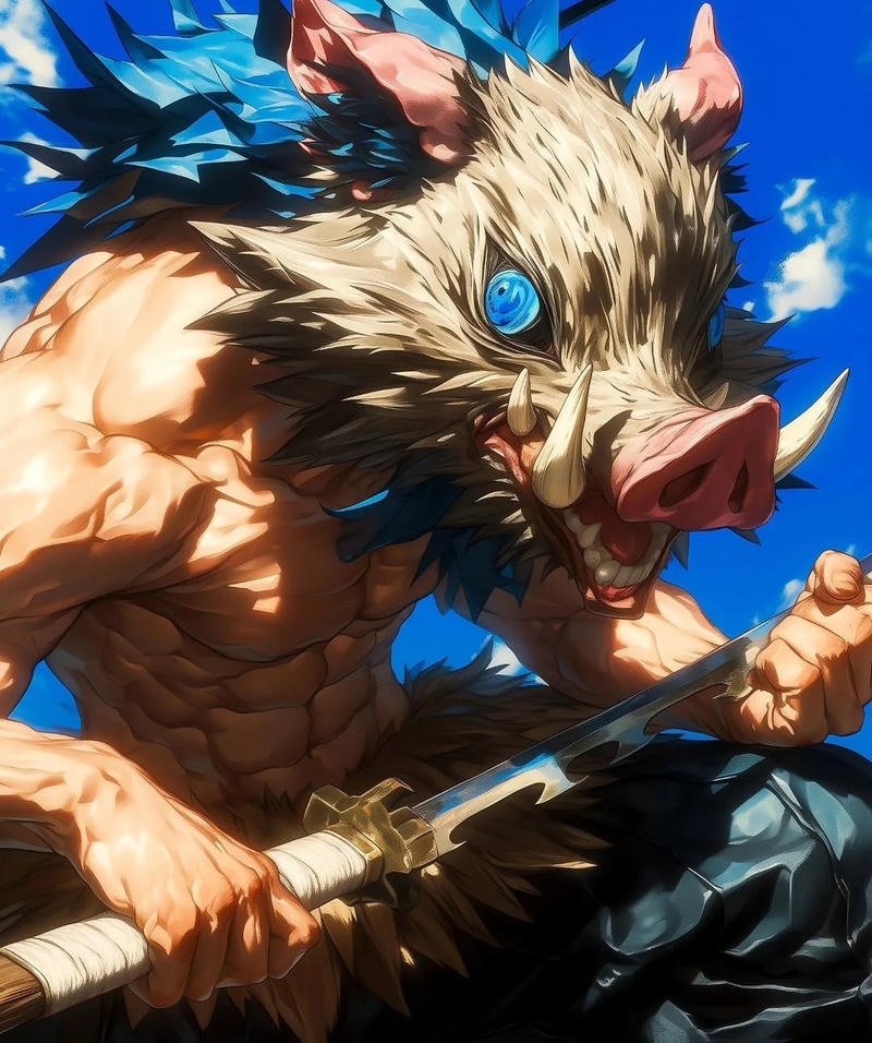 Phong thái chiến binh của Inosuke trong khung hình anime