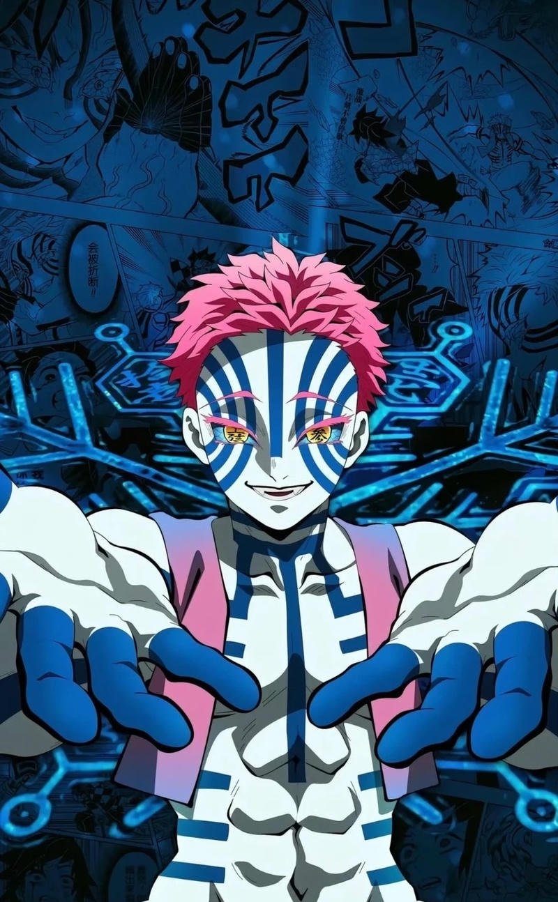 Quỷ Akaza với hoa văn xanh đặc trưng trên cơ thể