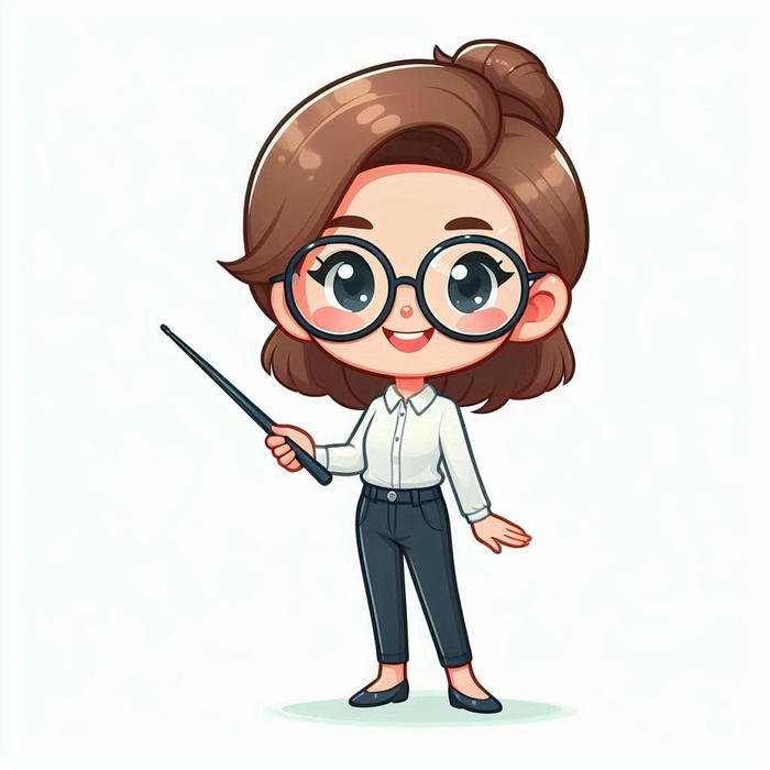 Tranh vẽ cô giáo chibi tóc nâu ngắn đeo kính cận