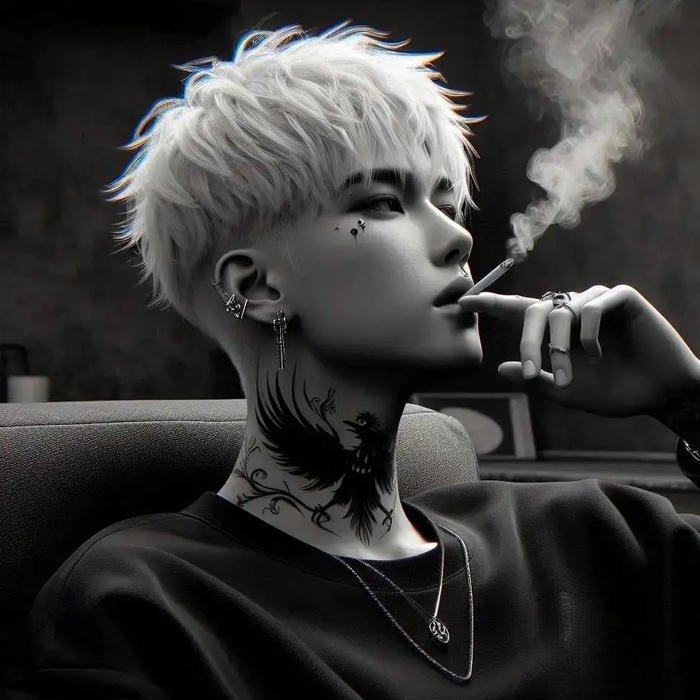 Ảnh avatar siêu ngầu nam tóc trắng hút thuốc trắng đen