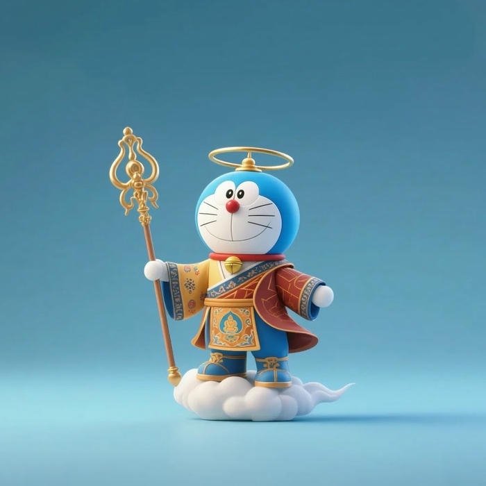Ảnh nền Doraemon vui nhộn cầm gậy phép thuật tỏa sáng rực rỡ