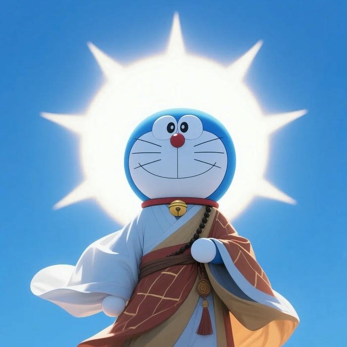 Ảnh nền Doraemon vui nhộn có hào quang tỏa sáng sau lưng mình