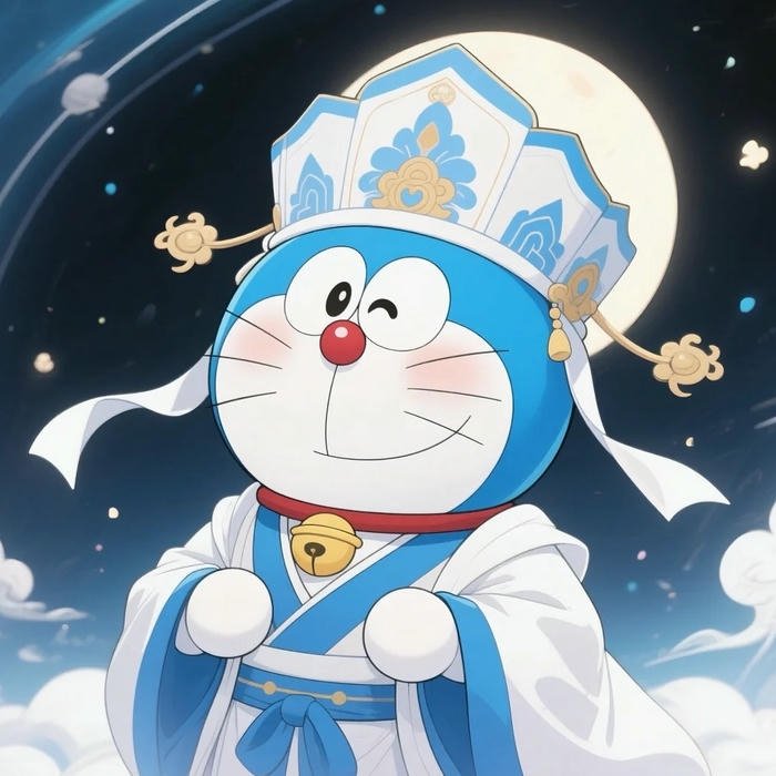 Ảnh nền Doraemon vui nhộn trong trang phục thần tiên giữa đêm trăng