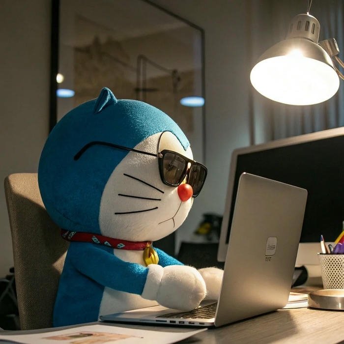 Avatar Doremon hài đeo kính đen cực ngầu bên chiếc laptop
