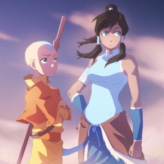 Avatar Korra đứng cạnh Aang trong không gian tâm linh huyền ảo